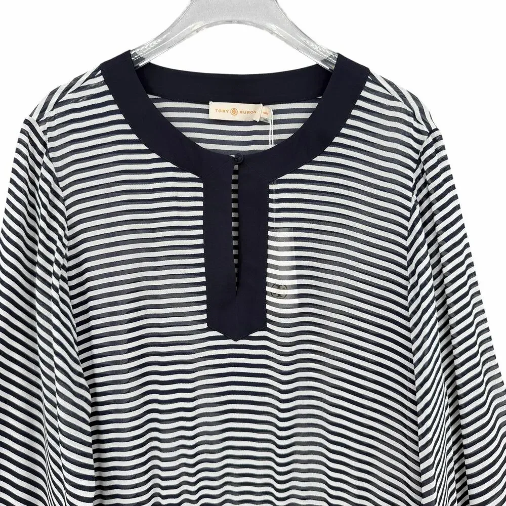 Tory Burch NWT Clemente Navy White Stripe 100% Silk Sheer Long Caftan Coverup